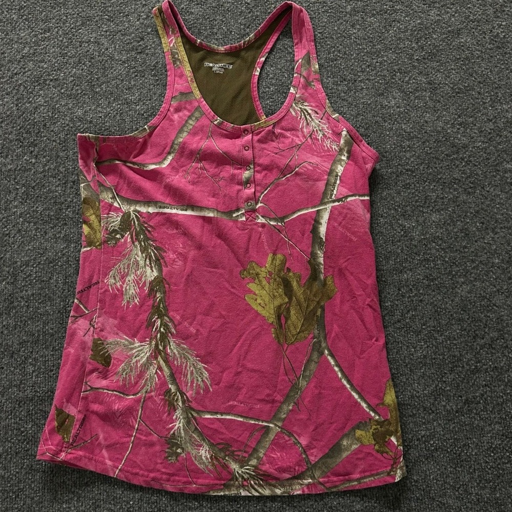 Realtree Tank Top Womens Size L Pink Racerback Henley Mesh Back Outdoor Shirt